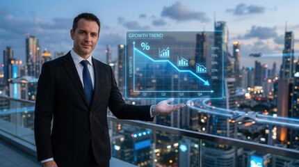 Fototapeta premium Businessman showcasing financial growth with futuristic city skyline and tech-themed graph.