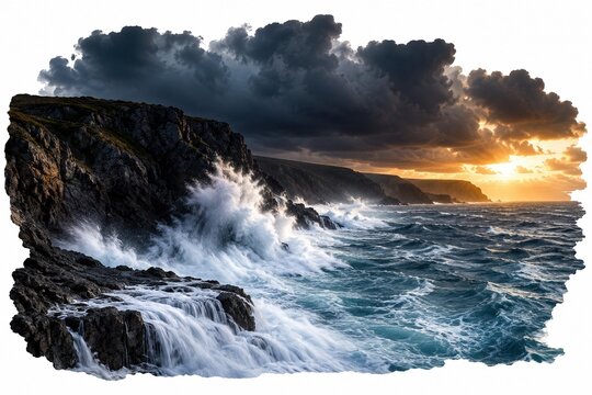 Ocean waves crashing against dark rocky cliffs at sunset