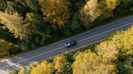 Obraz premium The Car Driving Through an Autumn Forest Road Aerial Perspective