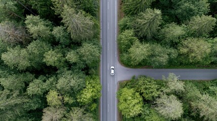 Obraz premium The White Car on a Forest Road Crossing Intersection Aerial View