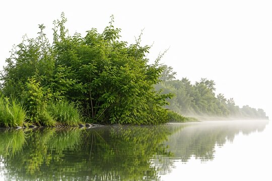 Lush green mangrove bushes reflected in calm river water at sunrise
