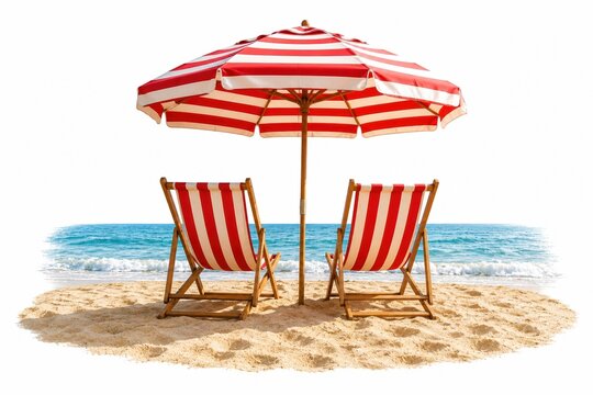Two beach chairs under a striped umbrella on a sunny sand beach