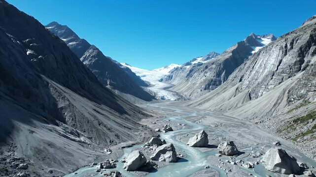 Majestic glacier valley with a winding turquoise river and rugged mountains under a clear blue sky
