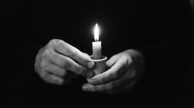 Condolence Candlelight: Pair of Hands Holding Lit Candle in Black and White Warmth