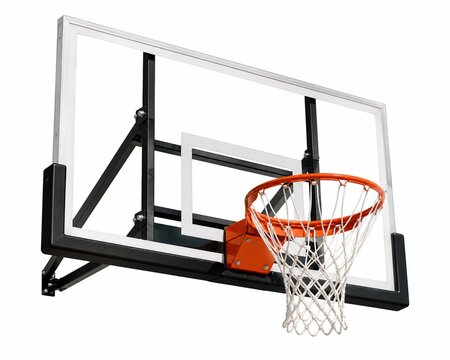Basketball hoop with glass backboard and orange rim for sports games