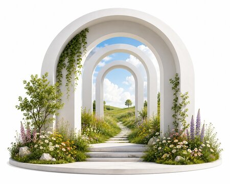 White stone garden archway with blooming spring flowers and green vines