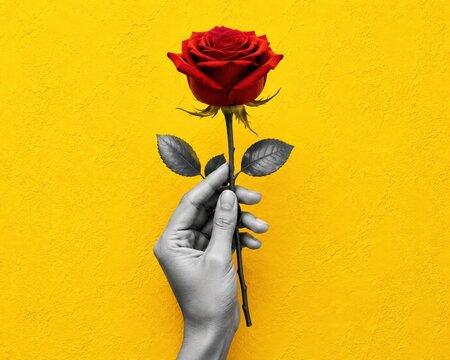 A hand holding a red rose flower isolated on a bright yellow background