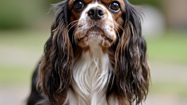 Cavalier King Charles Spaniel dog looking directly into camera with shallow depth of field in natural outdoor lighting