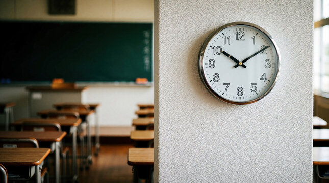 Analog wall clock hangs on white textured wall in empty classroom. Wooden desks, green chalkboard background create school atmosphere. Concept for time management, lesson schedule, student routine,