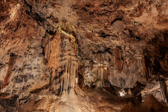 Beautiful stalactites and stalagmites inside the Valporquero Cave, Vegacervera, Le&oacute;n, Spain.