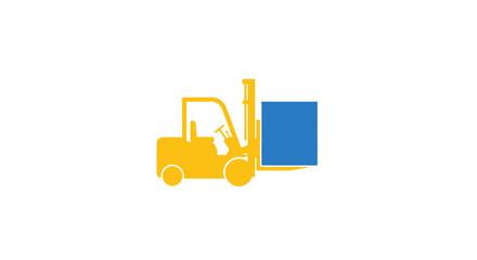 Fototapeta premium Yellow forklift truck lifting blue cargo box isolated on transparent background