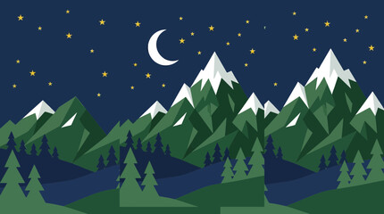 Fototapeta premium Majestic snow capped mountain range vector illustration featuring lush green pine forests under a dark blue starry night sky scenery