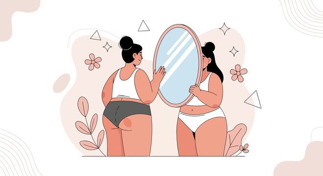 Woman with diverse body type looking in mirror, embracing self-acceptance and body positivity