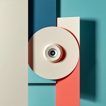 Minimalist composition with overlapping rectangles and a centered circular lens