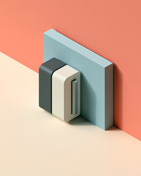 Minimalist isometric with dark grey and beige blocks against a pastel peach wall corner