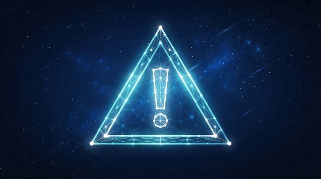 Glowing caution sign with exclamation mark in low-poly wireframe triangle on futuristic blue background, tech concept.