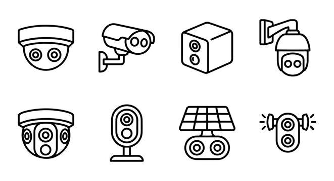 Security Camera Icons, Surveillance System Vector Set, CCTV Technology Collection, Modern Monitoring Equipment