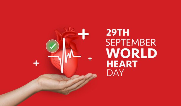 World Heart Day banner vector background with 3D red heart shape in hand and heartbeat line for 29th September cardiovascular health awareness, cardiology medical care and campaign promotion design