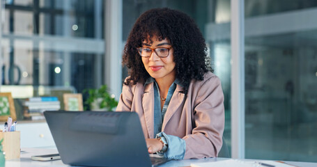 Woman, glasses and smile with laptop in business, administration and financial update with...