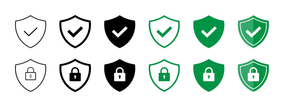Security shield icon collection, protective shield symbols with padlock and checkmark, vector illustration for cybersecurity protection, data safety branding, and digital security interface design.