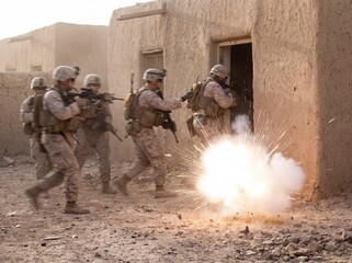 Obraz premium Elite Marines Breach Compound with Explosive Force, Engaging in Combat