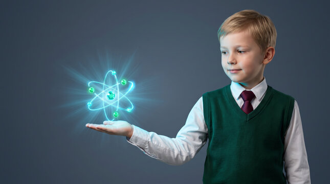 Smart learning school system science student technology education concept hologram atom classroom uniform. Digital education innovation future. academic student study classroom, cognition training
