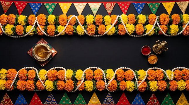 Diwali festival decoration with oil lamps and flower garlands festival marigold decoration