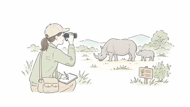 サファリでサイの親子を双眼鏡で観察し記録する女性研究者