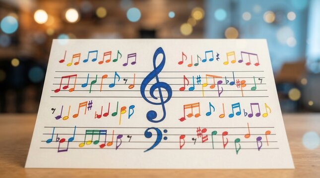 Music Notes Grid with Vibrant Colors and Treble Clef Center - Abstract Bokeh Lights Background