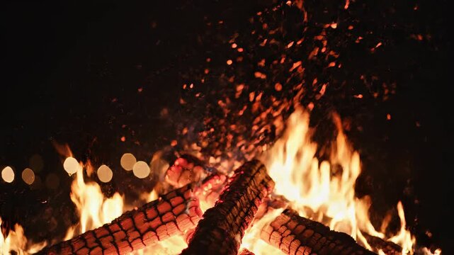 Crackling campfire embers glowing in dark night with warm orange flames and cinematic motion