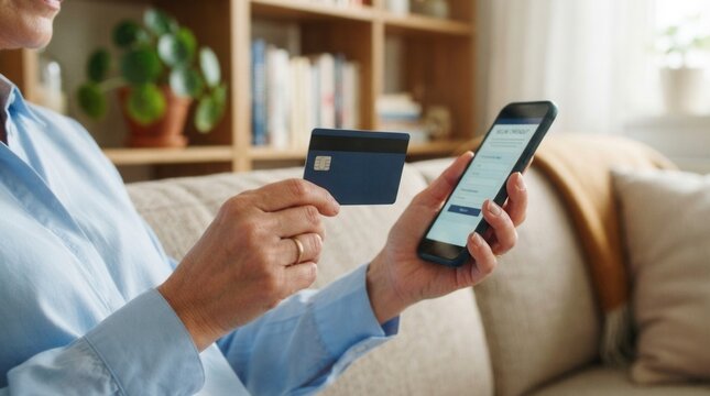 Person on Couch in Cozy Living Room Holding Credit Card and Smartphone for BNPL Online Payment Service