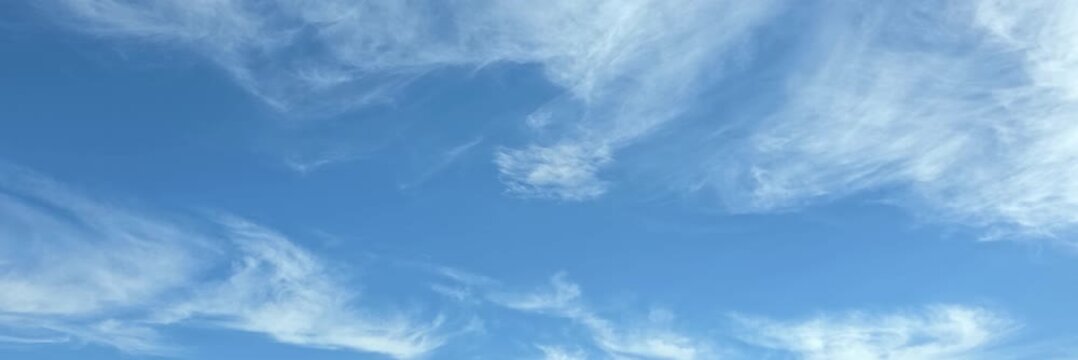 Cloudscape, Timelapse of Soft Cirrus Cloud Streaks across Bright Blue Sky Panorama for Wide Background