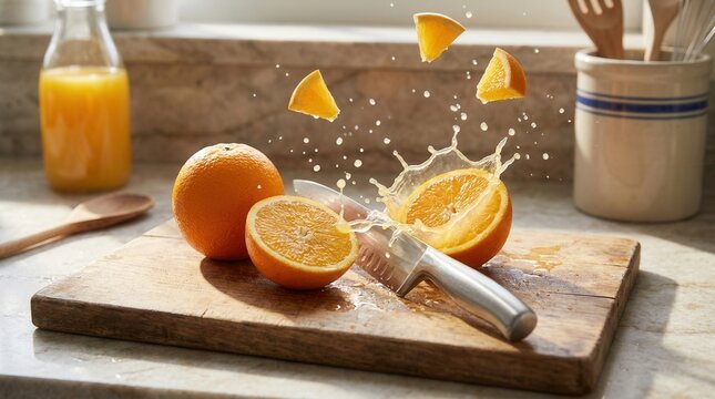 Potongan segar jeruk ciptakan suasana organik dengan semangat sehat - Wood cutting board displays vibrant orange juice splashes