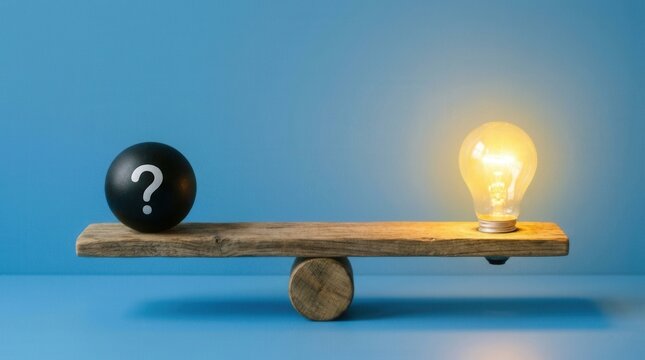 Problem-Solving Concept: Glowing Idea Lightbulb Balances Heavy Question Mark Stone