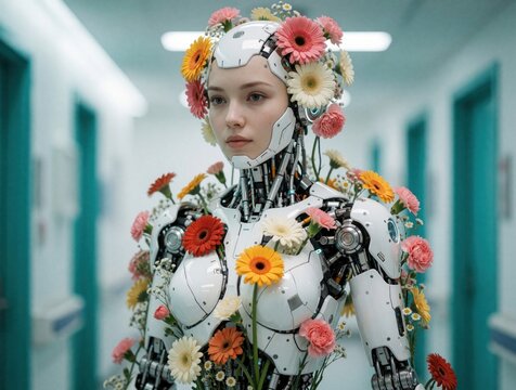 White android humanoid with embedded flowers, walk in a sterile room, its head visor replaced by real skin, cabling visible on chest, artificial and white lighting on ceiling of hallway.
