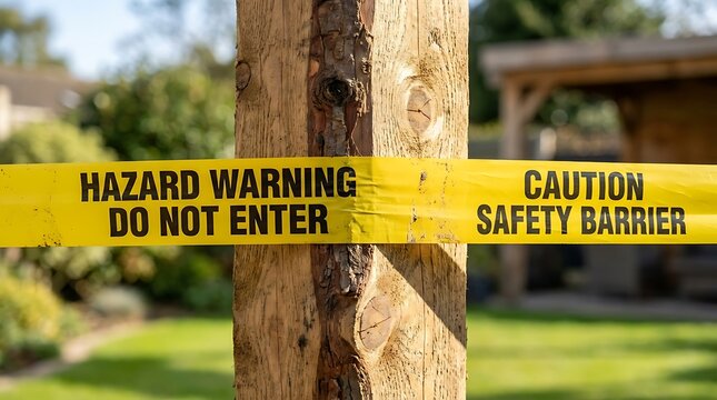 Hazard warning tape wrapped around wooden post, yellow caution safety barrier do not enter sign in garden, construction site security boundary, protective plastic ribbon for danger zone