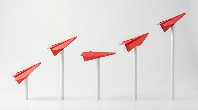 Red paper airplane squadron soaring in various directions symbolizing progress and creativity in business growth.