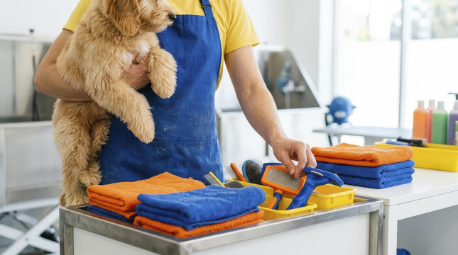 Person in grooming salon holding pet dog while organizing grooming tools and colorful towels