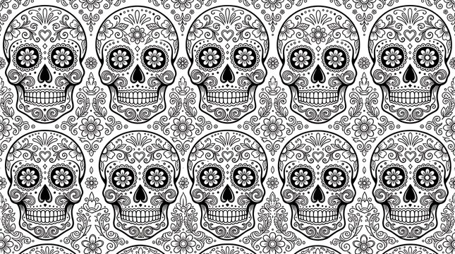 Monochrome pattern of traditional decorative sugar skulls for day of the dead with decoration