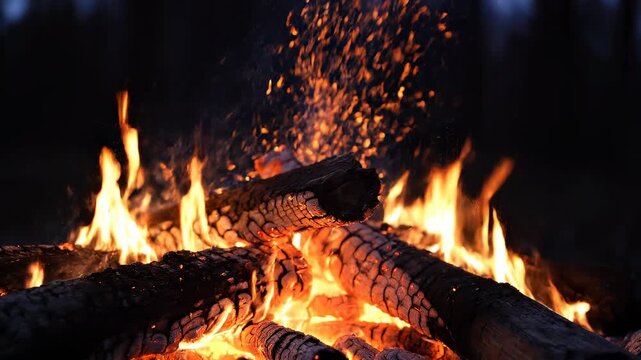 Crackling campfire with glowing embers rising against a dark background during a cinematic slow motion capture