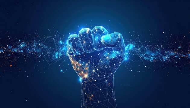 Powerful glowing digital wireframe fist with blue and orange accents emerging from an abstract data network against a dark futuristic background.