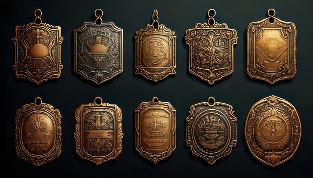 Collection of antique bronze medals displayed.