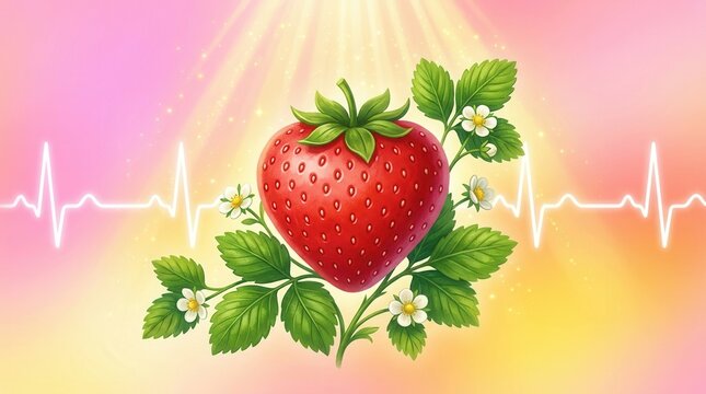 stroberi bentuk hati daun hijau ekg jantung konsep kesehatan nutrisi cinta medis organik rumah sakit gradasi pink kuning