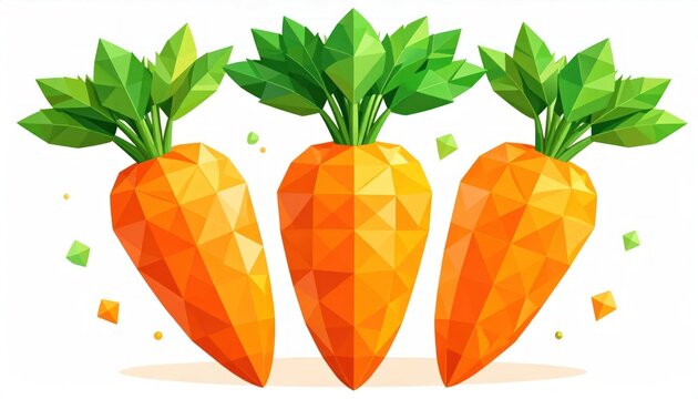 Three vibrant low poly carrots with green tops in a geometric digital art style isolated on a clean white background
