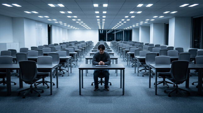 Lonely Man Sitting in a Large Empty Open Plan Office