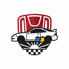 Fototapeta premium Vintage Race Car Emblem with Checkered Flag Design.