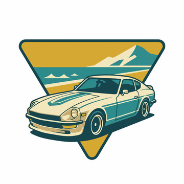 Vintage sports car illustration with mountain and ocean backdrop.