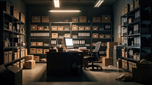 Industrial office space filled with shelving units packed with boxes and files. A desk with computer and chair sits centrally in the storage. Minimalist lighting highlights the organized clutter.