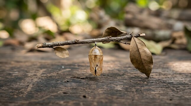 Monarch butterfly chrysalis hanging from a small twig on the ground