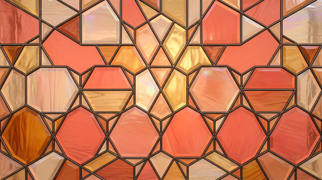 Geometric Stained Glass Pattern with Hexagonal and Polygonal Shapes in Warm Orange, Red, and Gold Tones